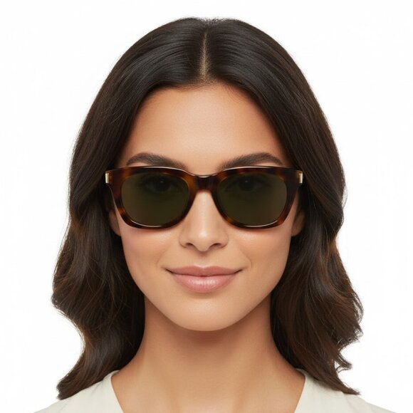 Saint Laurent Unisex Square/Rectangle Havana Gold Green Fashion Designer Eyewear